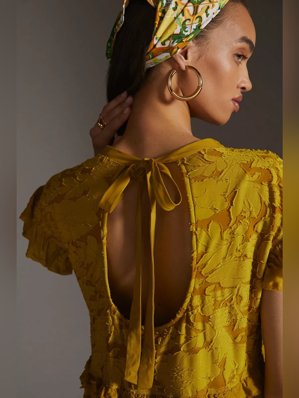 Anthropologie chartreuse Yellow Ruffle knit mini Dress back cutout burnout small - Picture 3 of 10